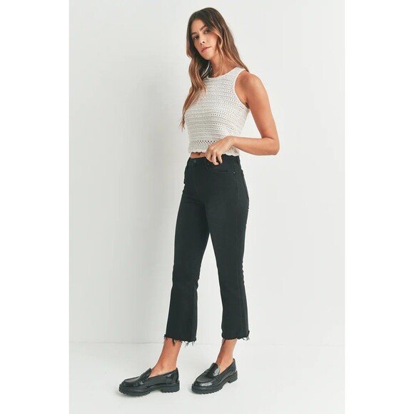 Just Black Denim Frayed Crop Flare High Rise Jeans Black Sz 29/10 - Picture 2 of 4